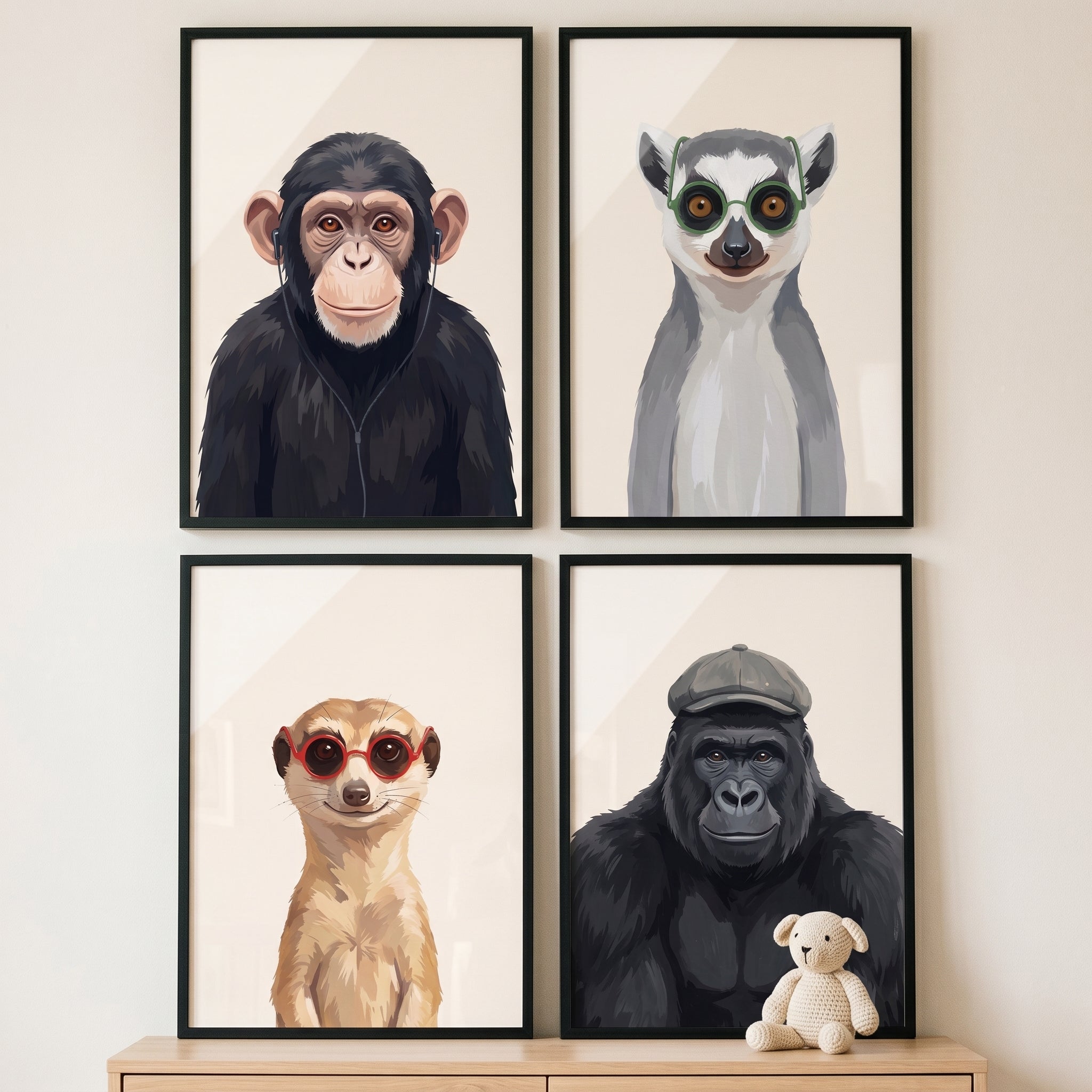 Trendy Dapper Safari Animal Wall Art Set of 4 - Stylish Wild Icons
