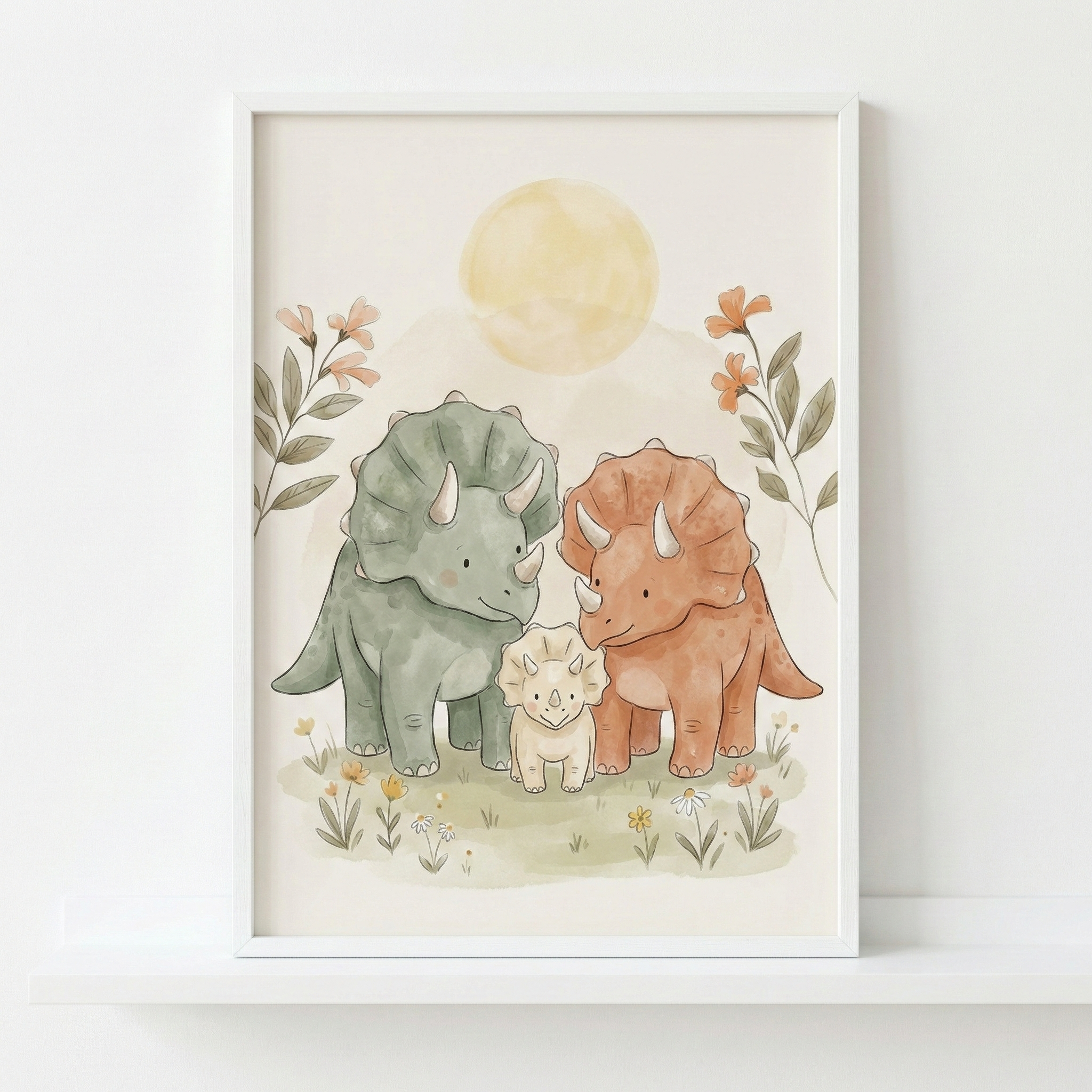 Triceratops Family Soft Watercolor Wall Art - Sweet Dino Family