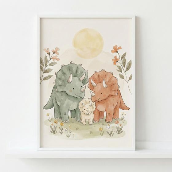 A soft watercolor illustration featuring three stylized triceratops dinosaurs: a large green one, a large orange one, and a smaller light yellow one in the center, appearing as a family. They are standing on a grassy patch with tiny scattered flowers. In the background, a large, faded yellow circular sun hangs in a pale sky above faint mountain silhouettes. Two leafy branches with small orange-hued blossoms frame the scene from the sides. 