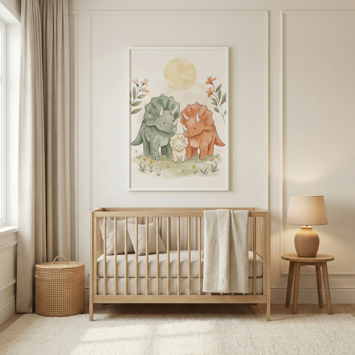 A serene nursery decorated in neutral tones features a light wood crib as the centerpiece. Hanging on the wall above the crib is a large framed watercolor-style illustration of three friendly, stylized horned dinosaurs—one green, one orange, and one small cream-colored dinosaur—standing in a meadow of flowers under a large, soft yellow sun. To the left of the crib, a tall woven basket sits on a plush white rug. 