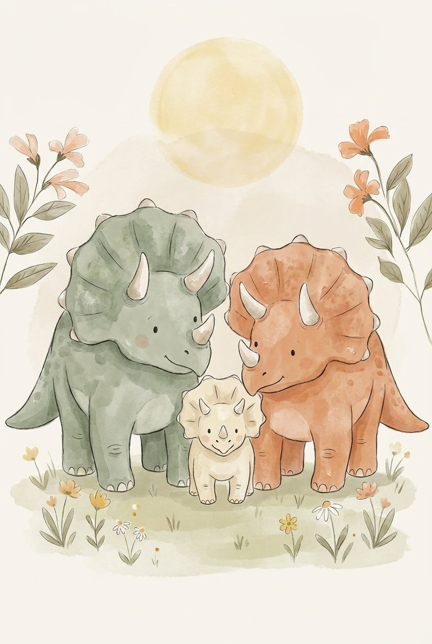 Triceratops Family Soft Watercolor Wall Art - Sweet Dino Family
