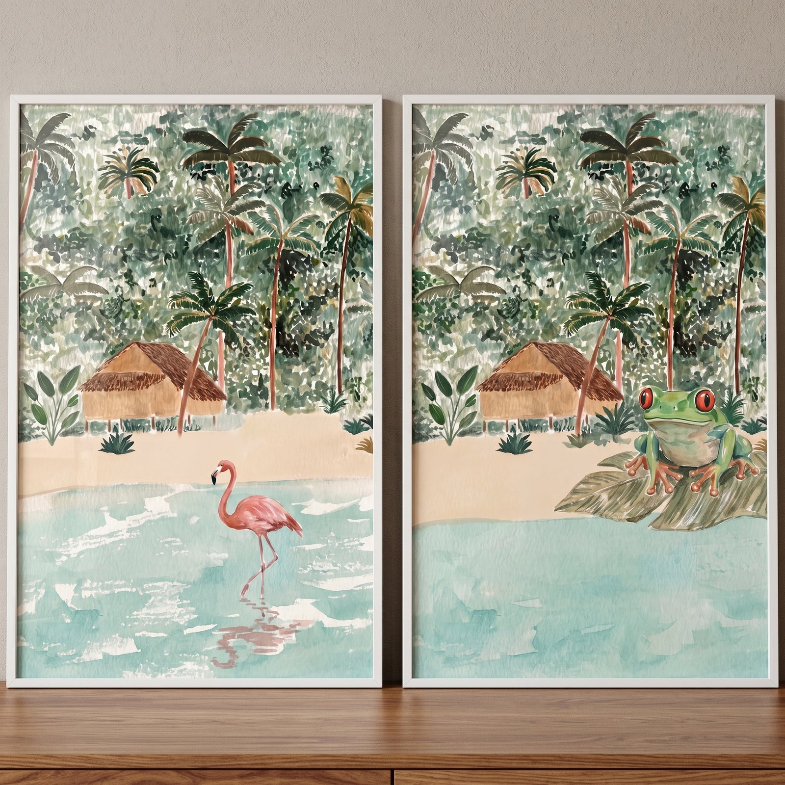 Tropical beach hut animals wall art set of 2 featuring a pink flamingo and a red-eyed frog among palms and beach huts.