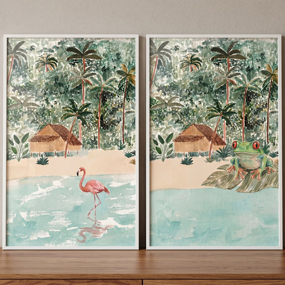 Tropical beach hut animals wall art set of 2 featuring a pink flamingo and a red-eyed frog among palms and beach huts.