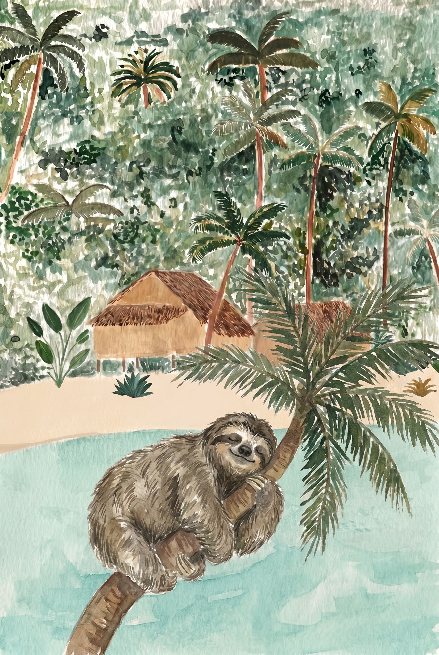 Tropical Beach Sleeping Sloth Wall Art - Island Sloth Nap