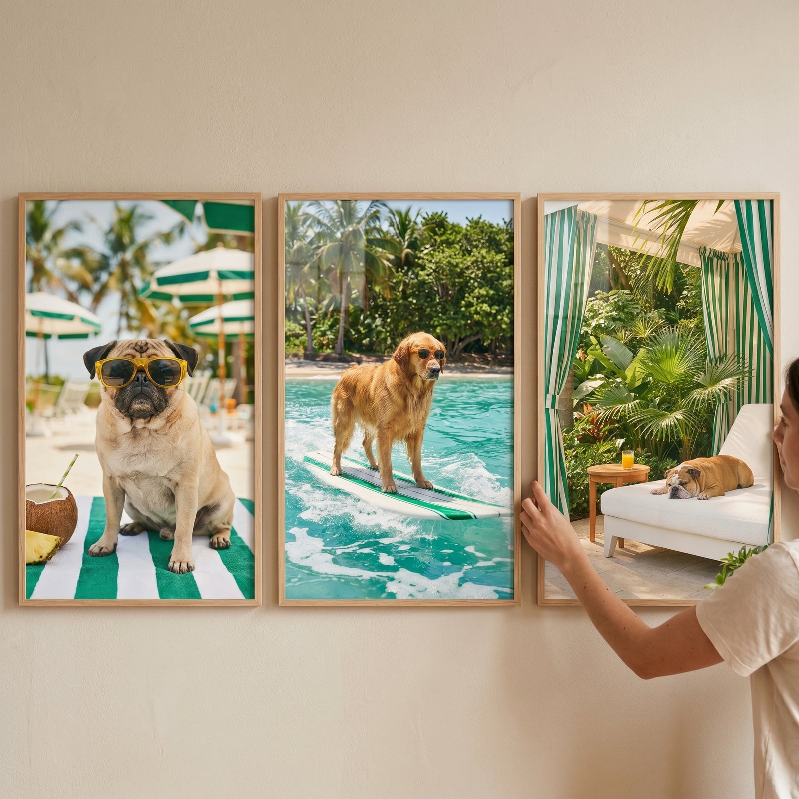 Tropical beach vacation dog wall art set of 3 shows dogs wearing sunglasses, surfing, and lounging in a cabana.