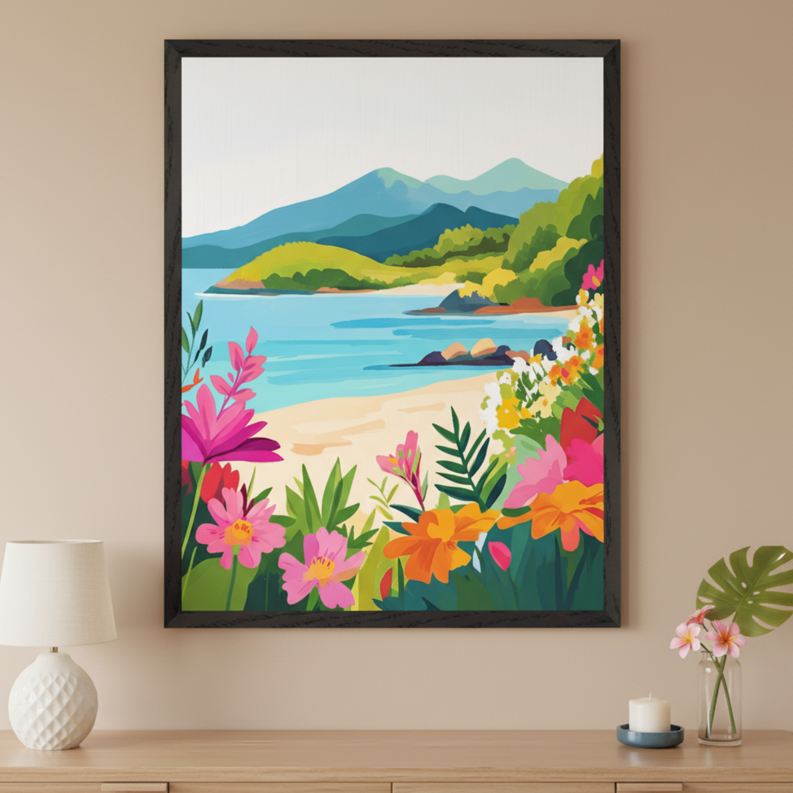 Modern room with a light wood dresser. A large black-framed artwork of a vibrant, stylized tropical beach scene with a sandy shore, blue water, green mountains, and colorful foreground flowers hangs centered above the dresser.