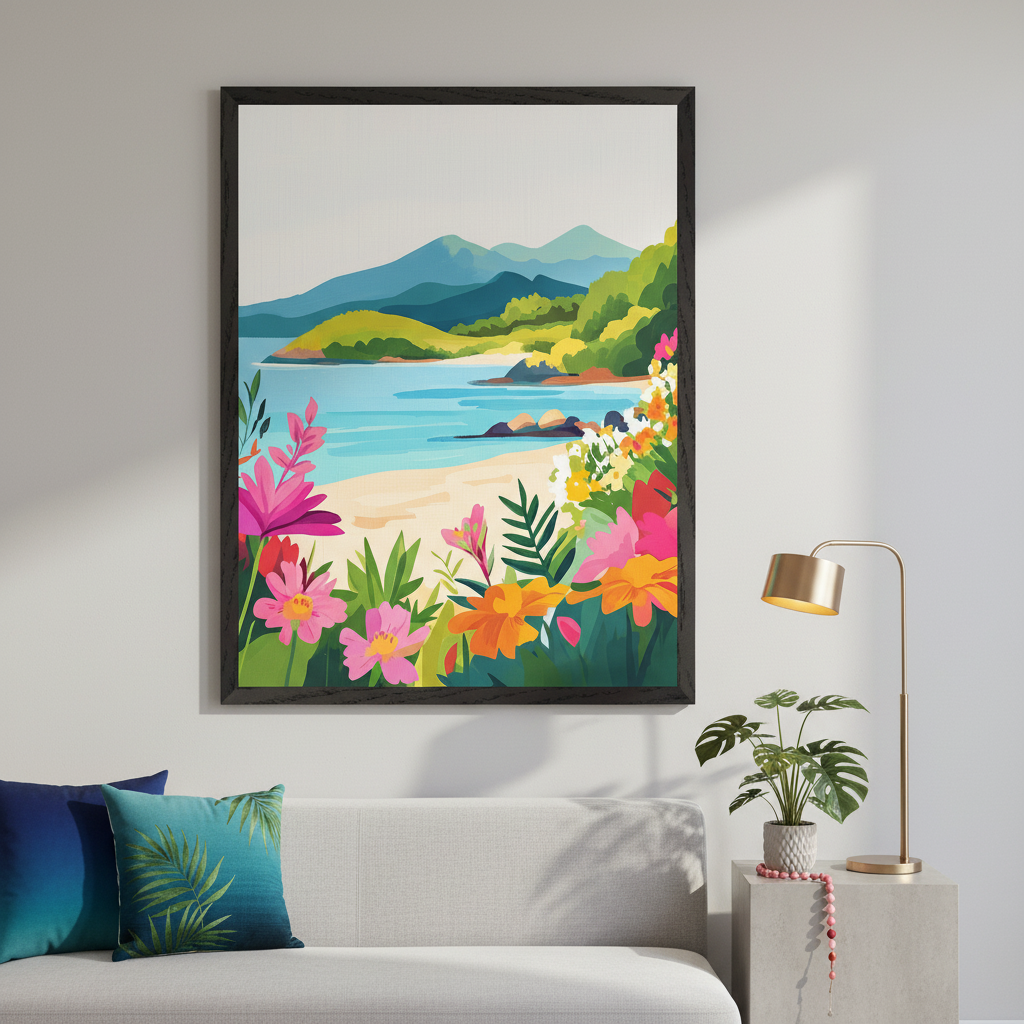 Modern living room with a light grey sofa. A large framed painting of a tropical beach with colorful flowers and green hills in an illustrative style hangs centered above the sofa. A gold lamp and potted plant are on a side table.