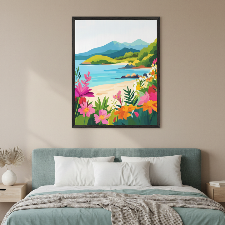 Modern bedroom with a light blue bed. A large framed print of a colorful, illustrative tropical beach scene with bright flowers, turquoise water, and green mountains hangs centered above the bed. Light wood nightstands flank the bed.