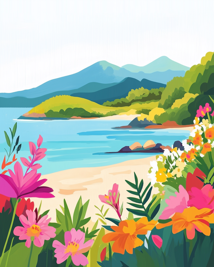 A colorful beach scene showing vibrant wildflowers in the foreground, soft sand, turquoise water, and green hills under a clear sky. The bright, cheerful palette captures the feeling of a perfect summer day.
