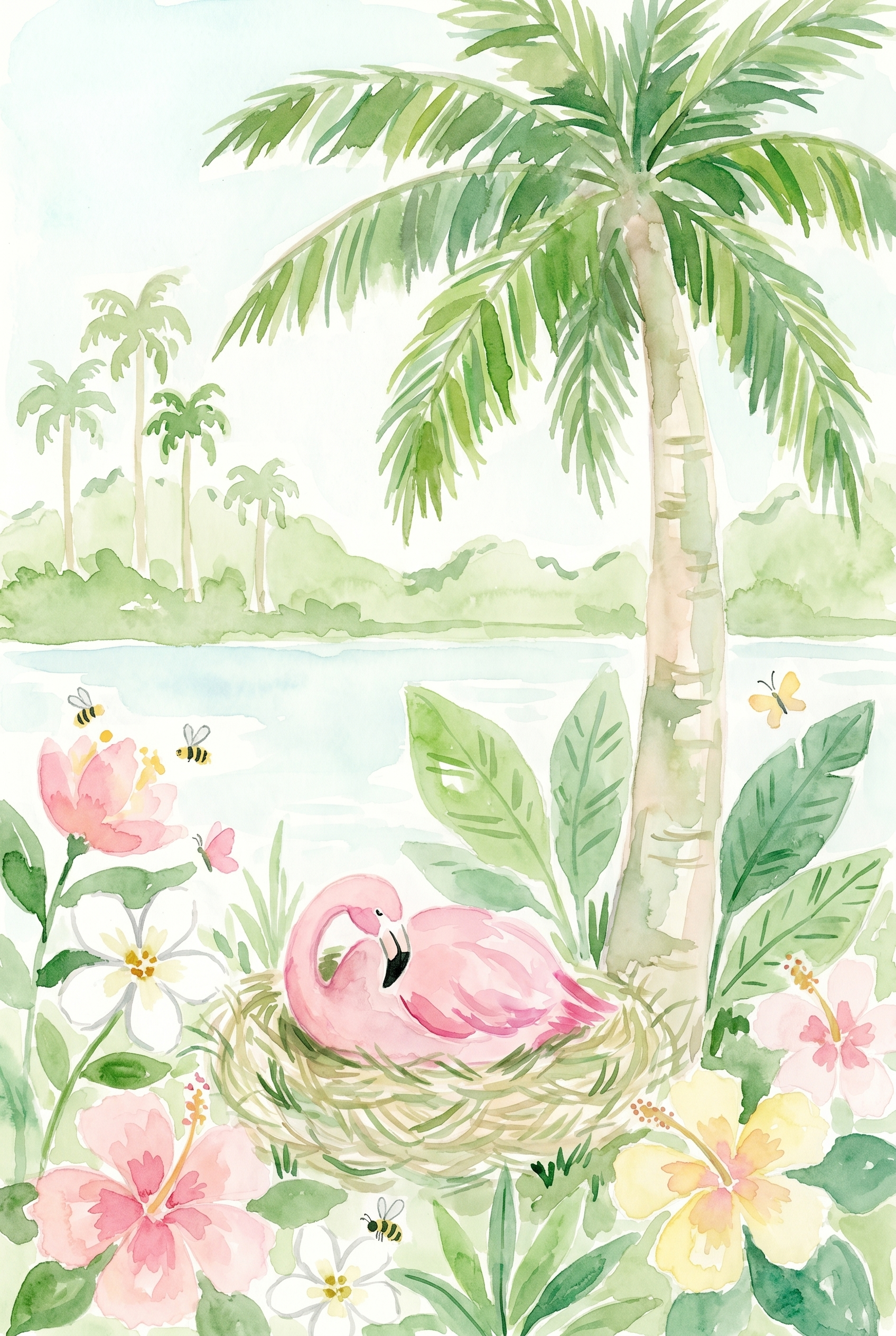 Tropical Hibiscus Pink Flamingo Wall Art - Tropical Flamingo Nest