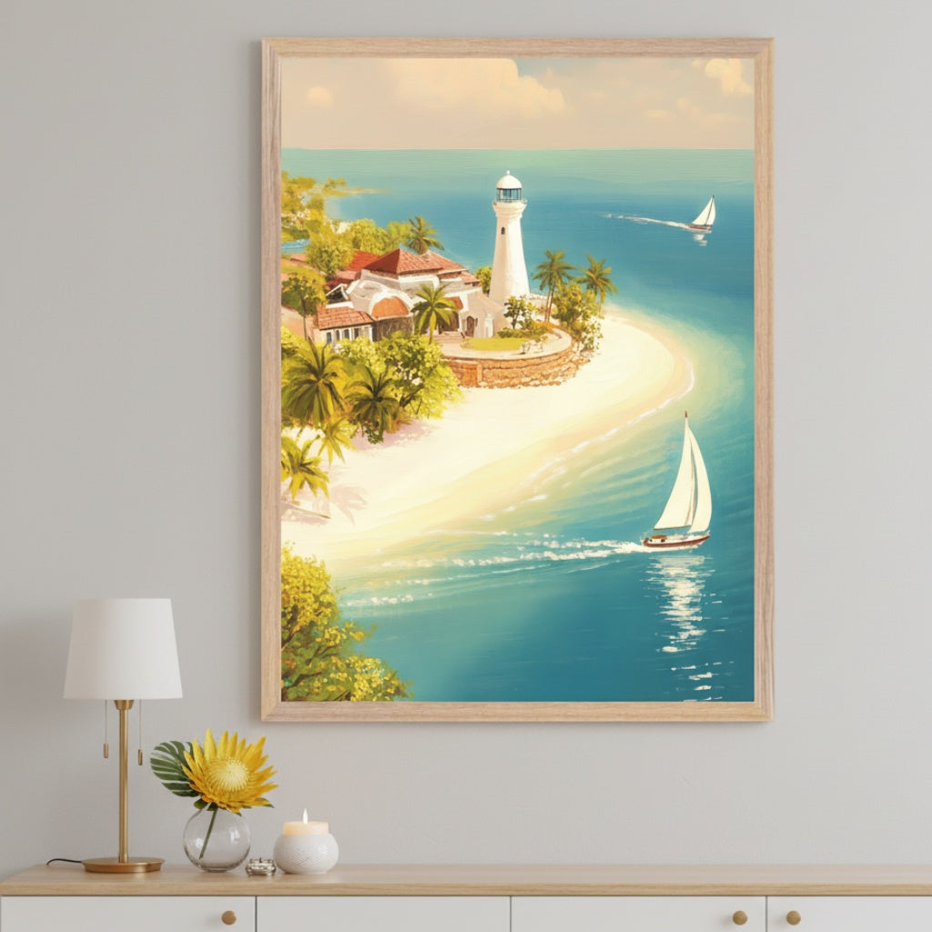 Contemporary room with a light wood console table. A large framed painting of a bright tropical island scene with a lighthouse, beach, palm trees, and sailboats on turquoise water hangs centered above the table. A table lamp, yellow flower, and candle are on the console.