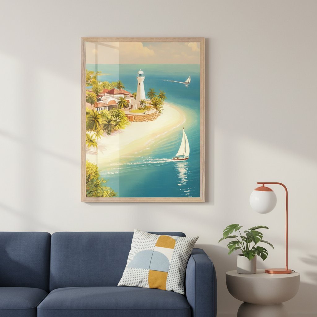Modern living room with a blue sofa and geometric cushion. A large framed vibrant illustration of a tropical island with a lighthouse, sandy beach, and sailboats hangs above the sofa. A round side table with a plant and lamp is to the right.