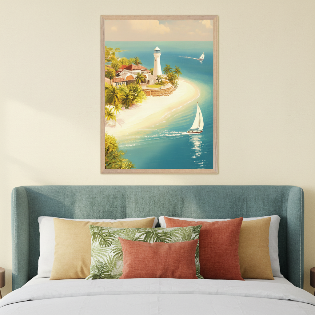 Bedroom with a teal upholstered headboard and colorful pillows. A framed painting depicting a tropical island with a lighthouse, beach, palm trees, and sailboats in an illustrative style hangs above the bed.
