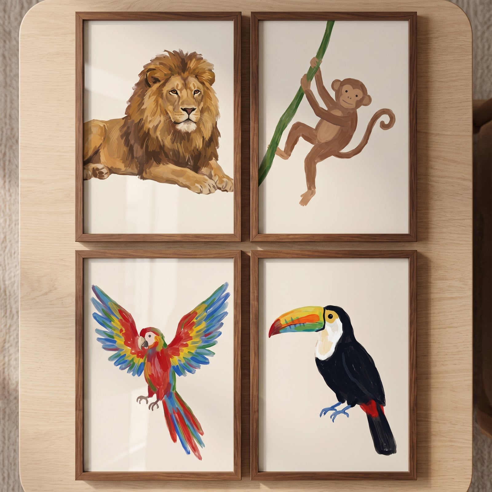 Tropical jungle animals wall art set of 4 featuring a lion, monkey, parrot, and toucan in wooden frames.