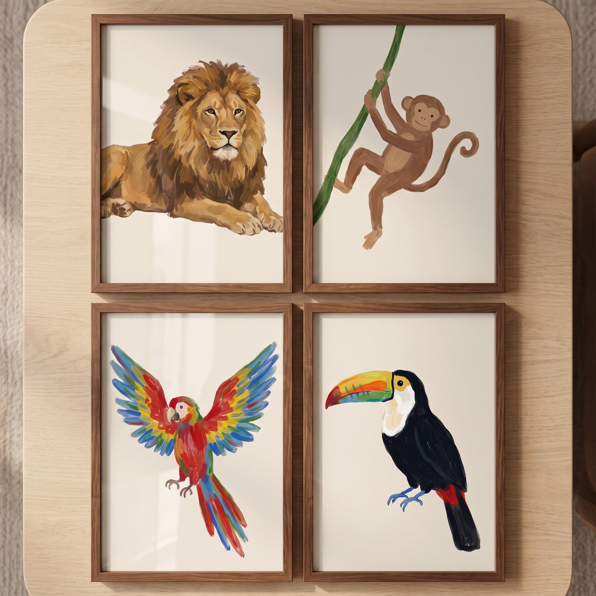 Tropical Jungle Animals Wall Art Set of 4 - Exotic Wildlife Collection