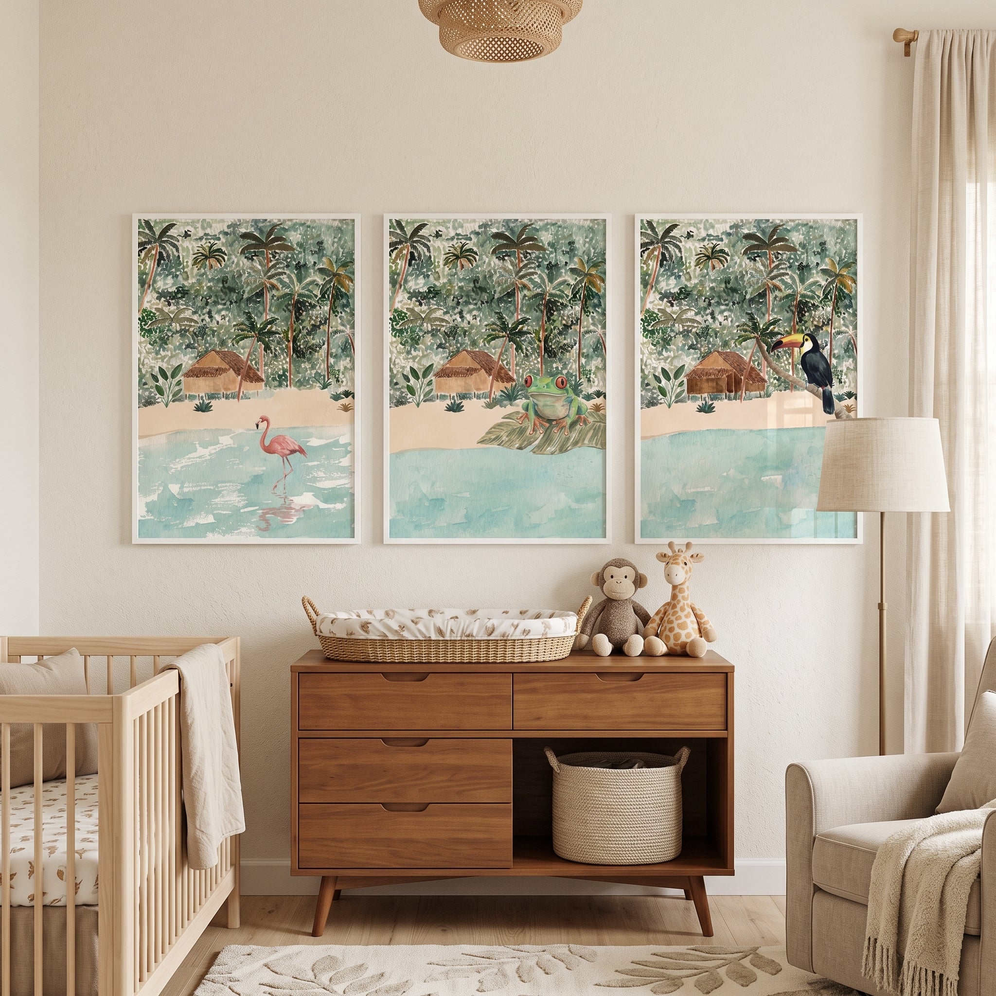 Tropical Jungle Beach Hut Animals Wall Art Set of 3 - Tropical Beach Trio