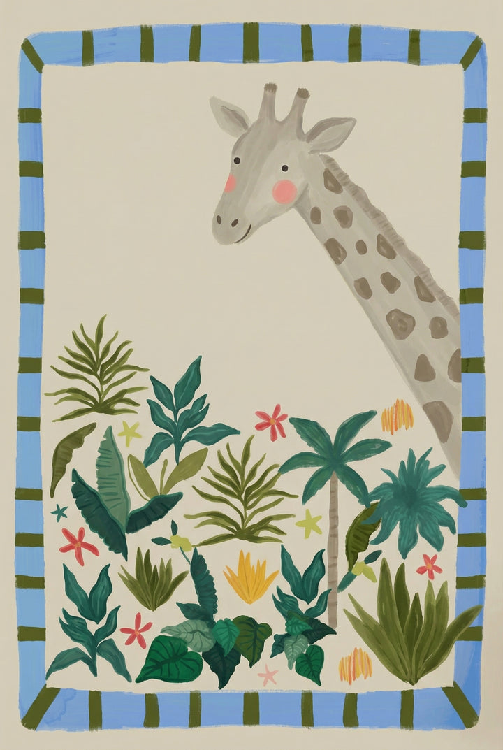 A vertical illustration features a stylized grey giraffe with pink cheeks looking over a variety of green tropical plants and leaves. The giraffe's neck enters from the right against a plain cream background. Below, a dense collection of diverse foliage is accented by small red flowers and yellow star shapes. The entire scene is enclosed in a thick blue border decorated with dark green stripes. The overall style is soft and whimsical, with visible brushstroke-like textures.