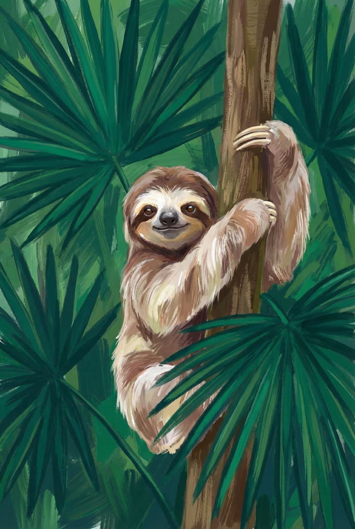 Close up of a painted sloth smiling while hugging a tree trunk, surrounded by large green tropical leaves. The artwork highlights the sloth’s soft fur and gentle expression against a lush jungle background.