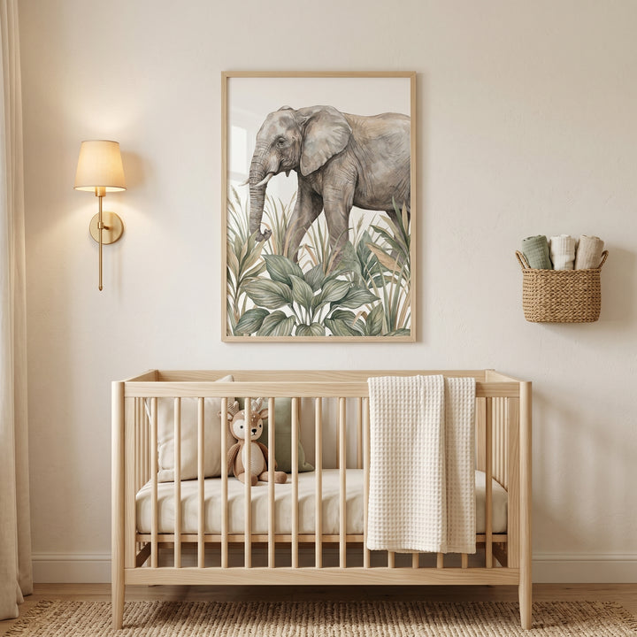 Neutral nursery featuring tropical jungle elephant wall art above a wood crib, a wall lamp, and a woven basket.