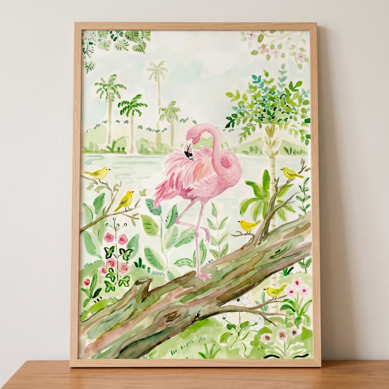 Tropical lagoon flamingo wall art with a pink flamingo, yellow birds, and lush greenery in a light wood frame.