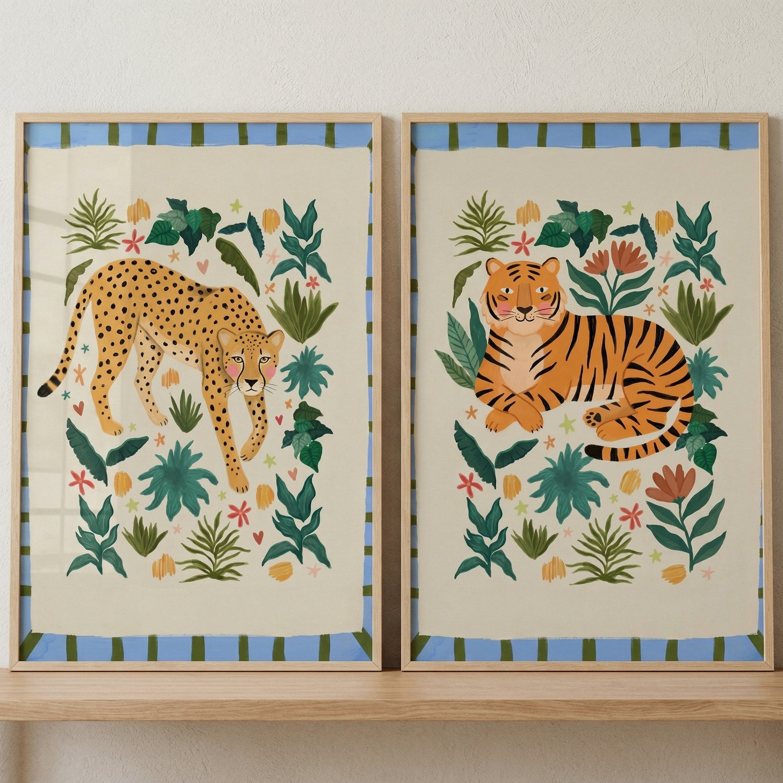 Framed leopard and tiger illustrations with flora in a tropical leaf jungle cat wall art set of 2.