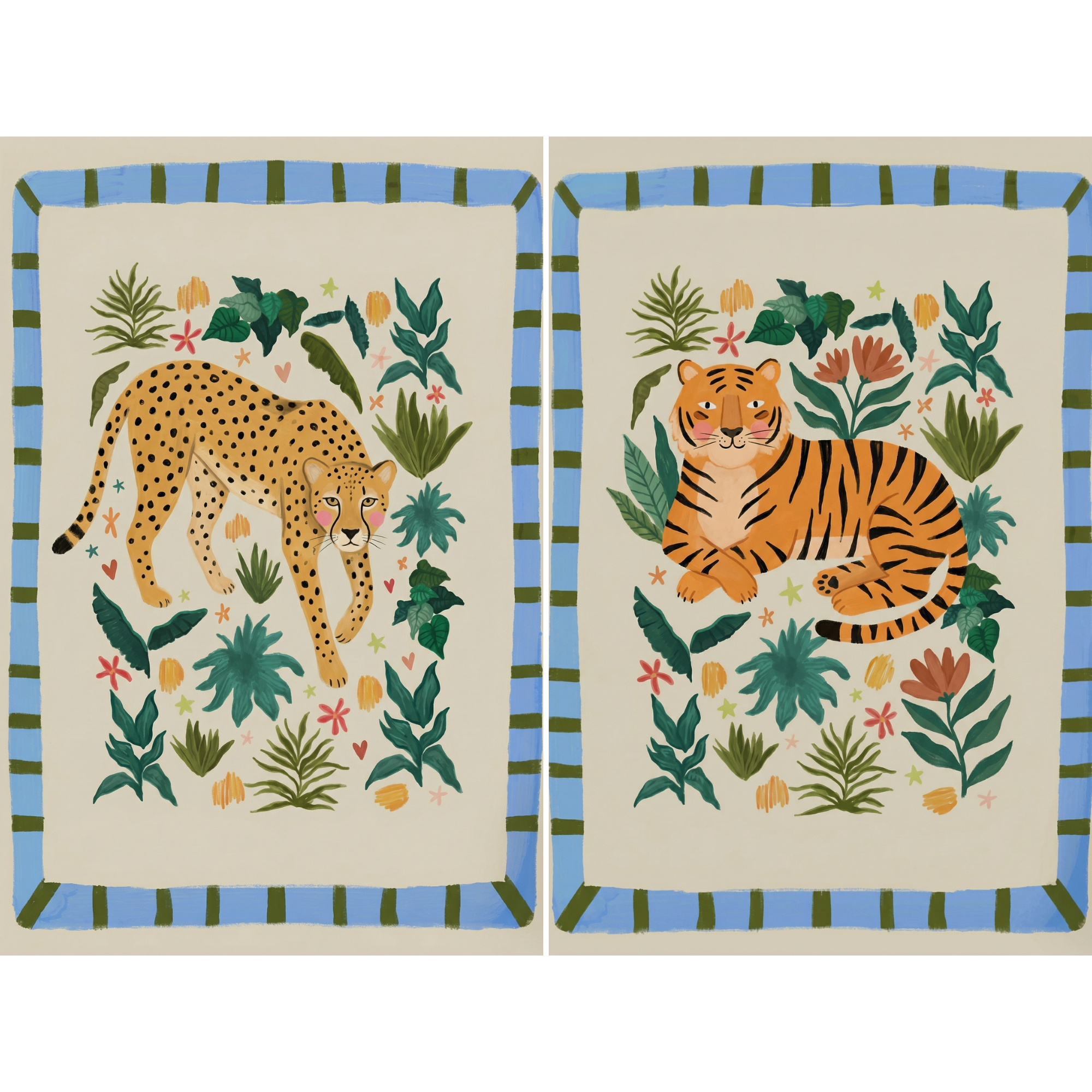 Tropical Leaf Jungle Cat Wall Art Set of 2 - Wild Feline Duo
