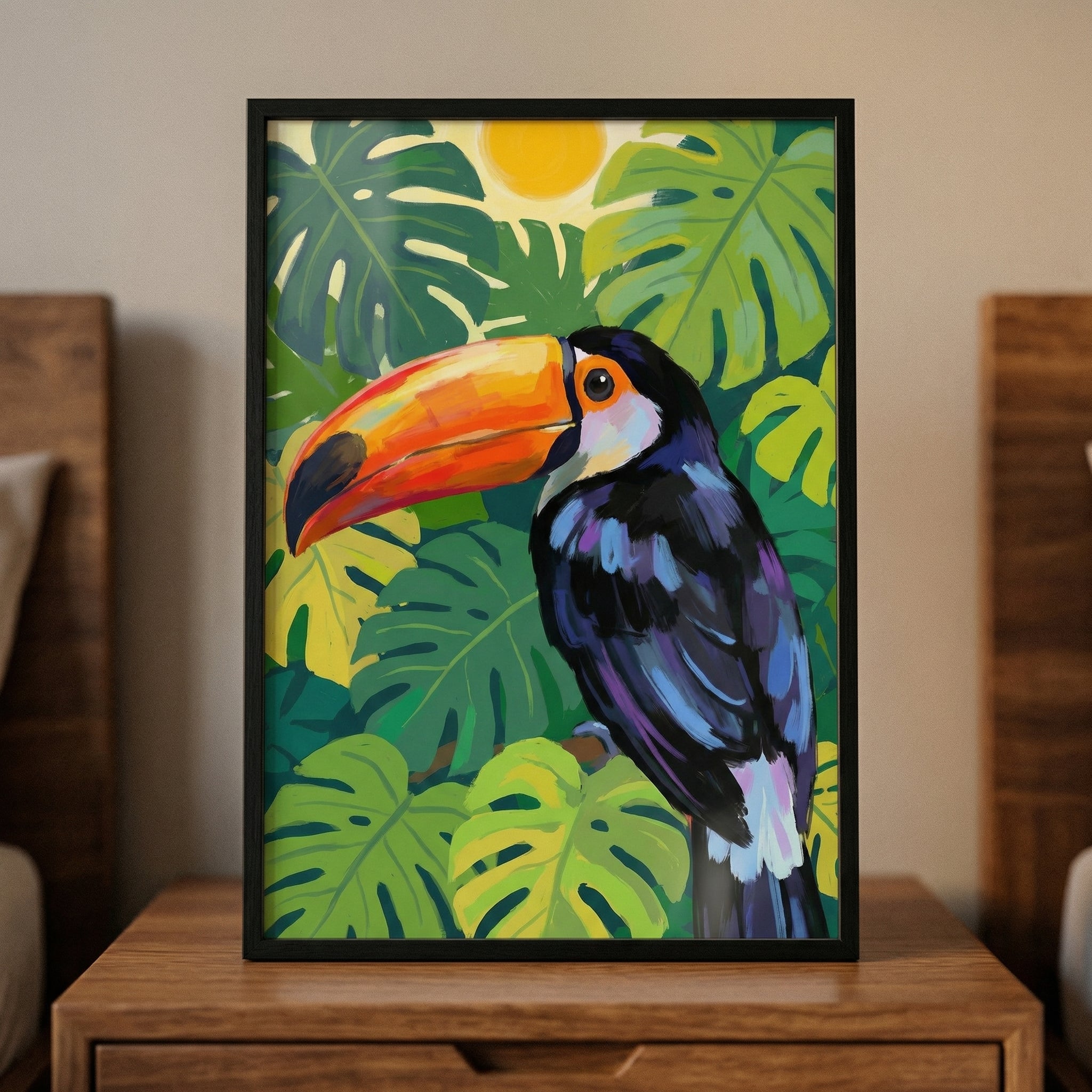 Tropical Monstera Leaf Toucan Wall Art - Exotic Jungle Toucan