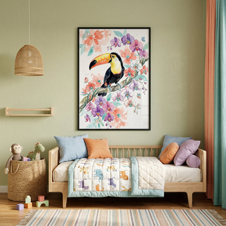 Tropical orchid branch toucan wall art hangs above a wooden bed with colorful pillows in a light green nursery.