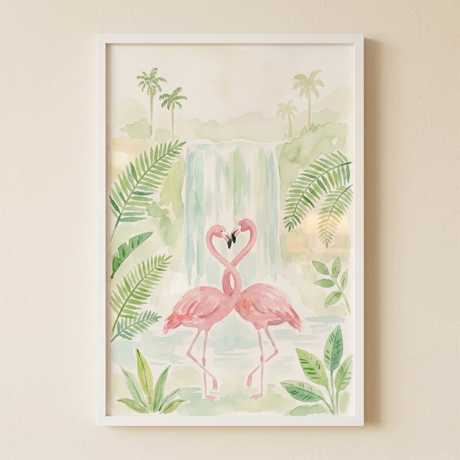 Tropical pink flamingo wall art features two pink birds forming a heart shape before a waterfall and green palm trees.