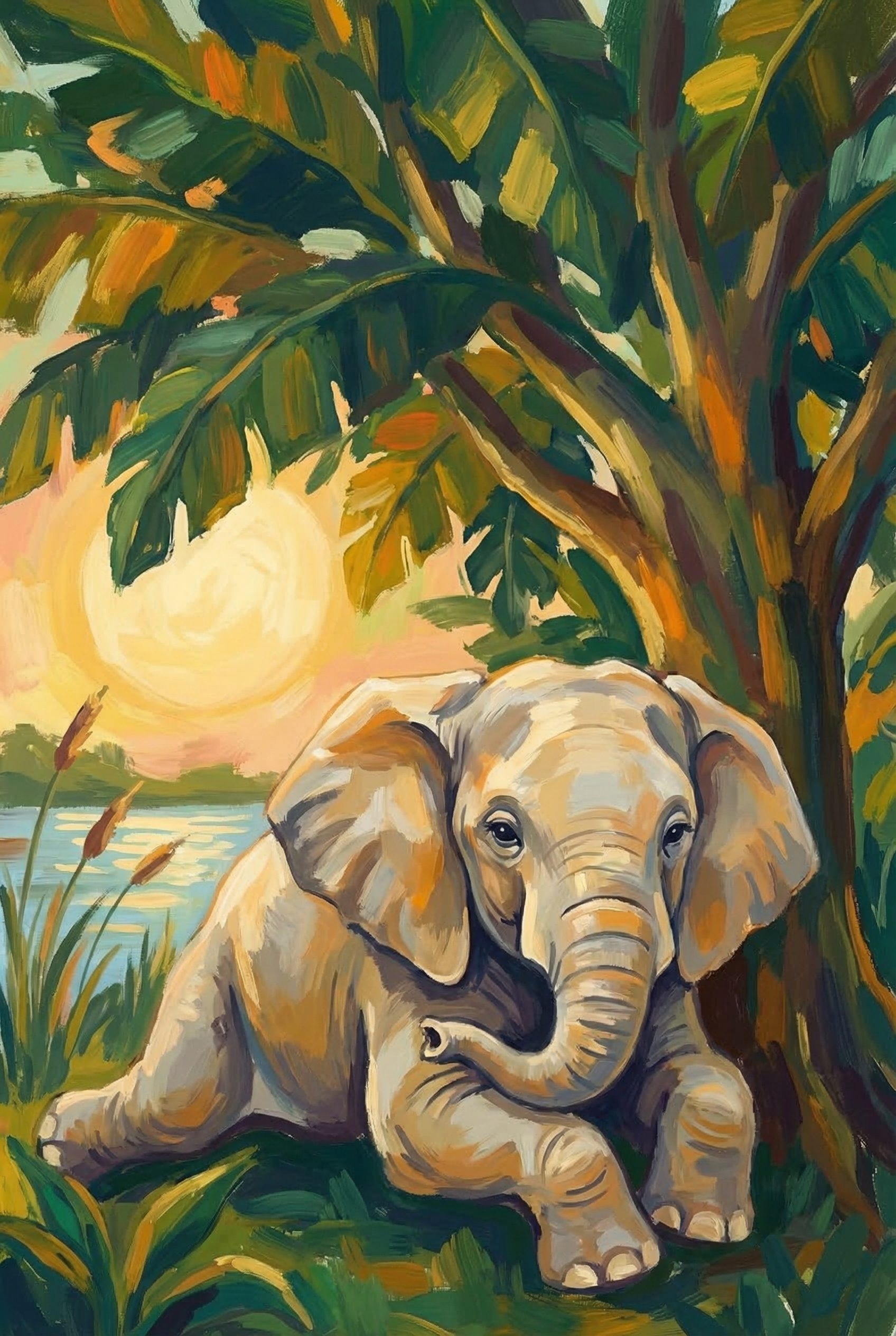 Tropical Sunset Baby Elephant Wall Art - Golden Jungle Calf