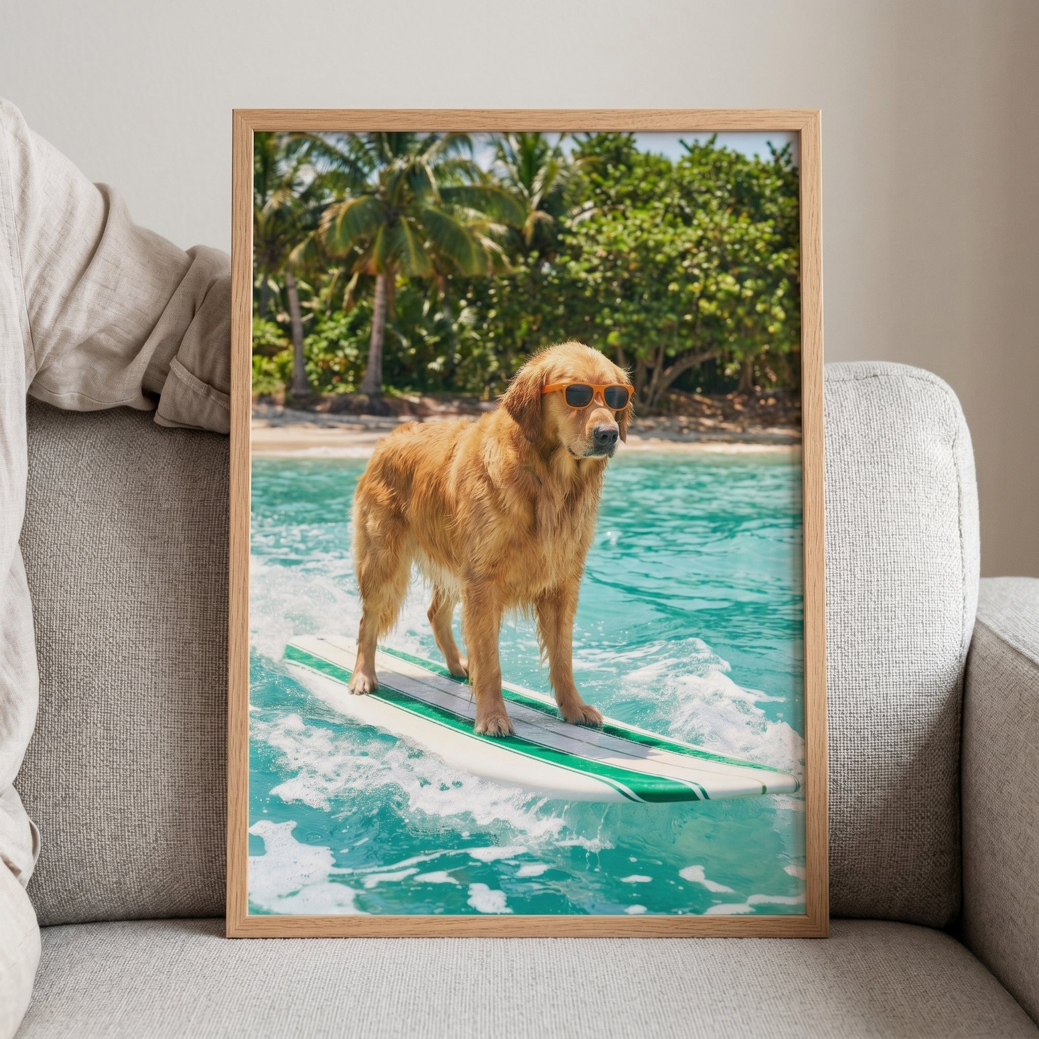 Tropical Surfing Golden Retriever Wall Art - Golden Surf Rider