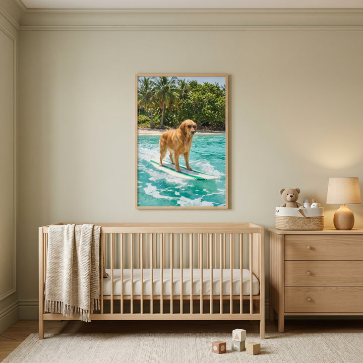 Tropical surfing golden retriever wall art hangs above a wooden crib in a neutral nursery with a matching dresser.
