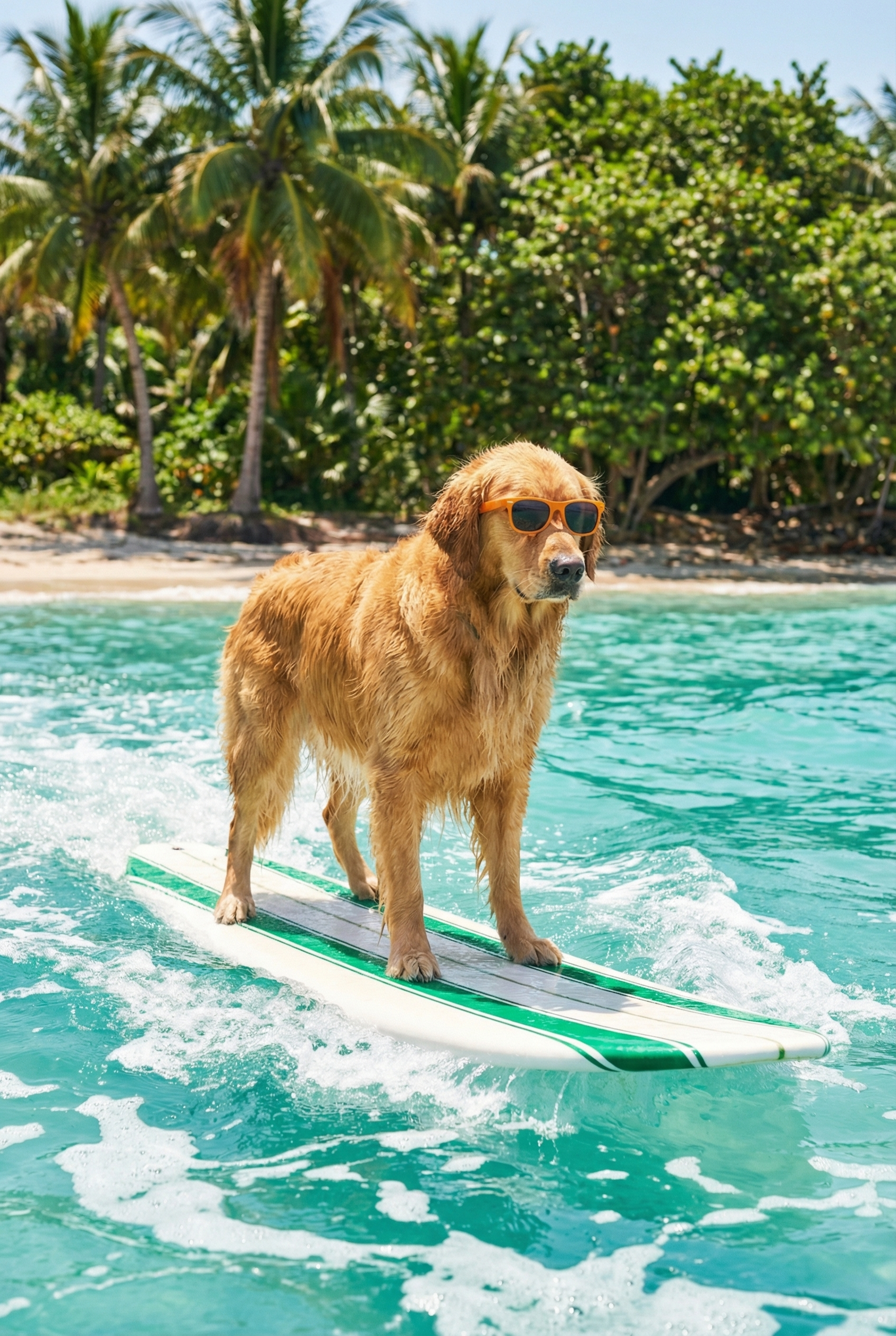 Tropical Surfing Golden Retriever Wall Art - Golden Surf Rider