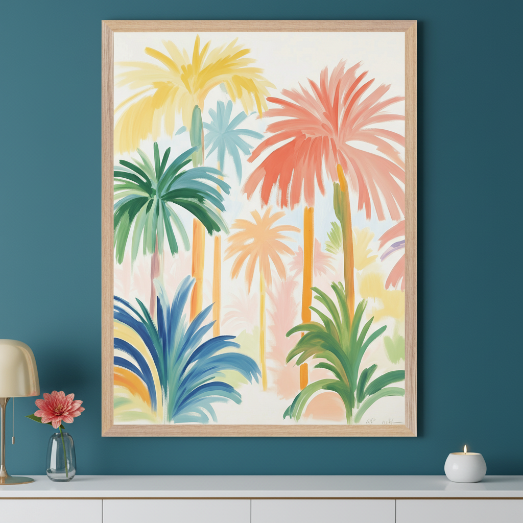 Modern room with a teal wall. A large framed impressionistic painting of colorful palm trees and tropical plants hangs above a white credenza. A lamp and vase with a flower are on the left; a lit candle is on the right.