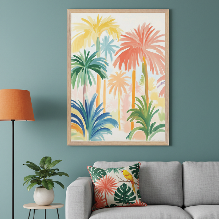 Modern living room with a gray sofa. A large framed, painterly print of colorful palm trees and tropical plants hangs above the sofa. An orange floor lamp and a potted plant on a side table are visible.