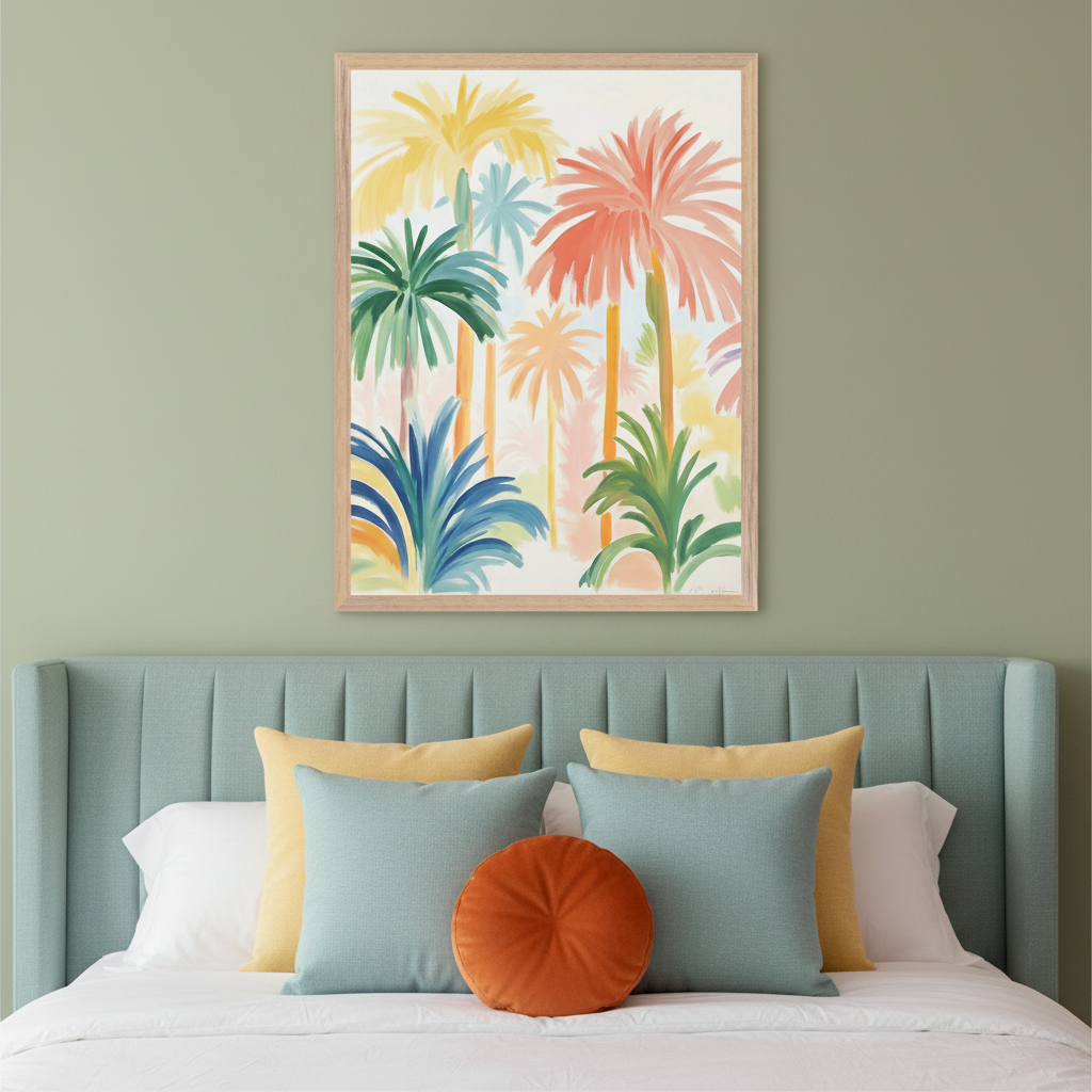 Modern bedroom with a light blue upholstered bed and white bedding. A large framed colorful painting of palm trees in a painterly style hangs centered above the bed on a green wall.