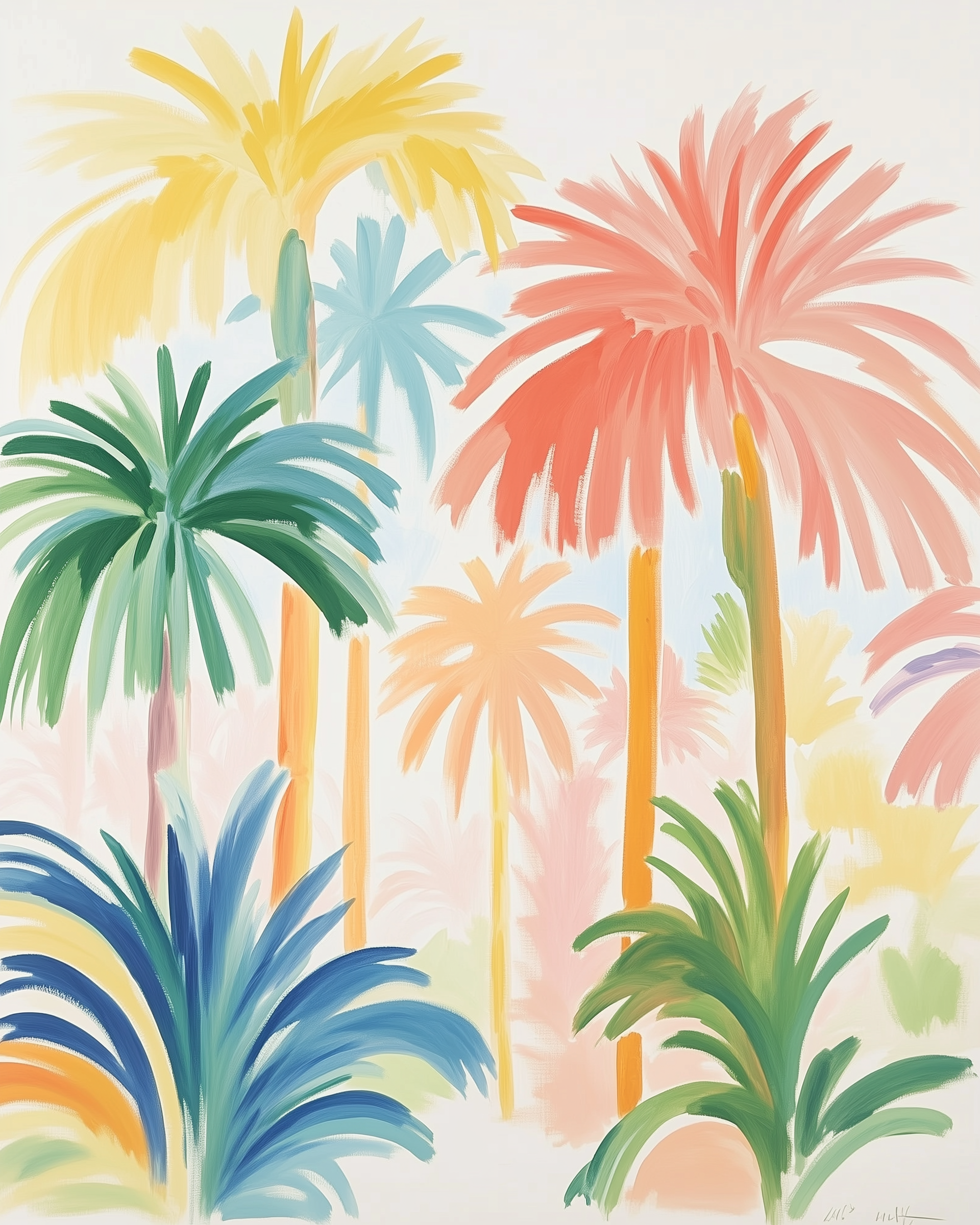 A soft and colorful painting of tropical palm trees in shades of yellow, coral, blue, and green. The faded background and loose brushwork give the piece a dreamy, vacation-inspired aesthetic.
