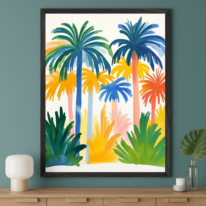 Modern room with a dark teal wall and a light wood dresser. A large, dark-framed print of colorful, stylized palm trees and tropical foliage hangs above the dresser.