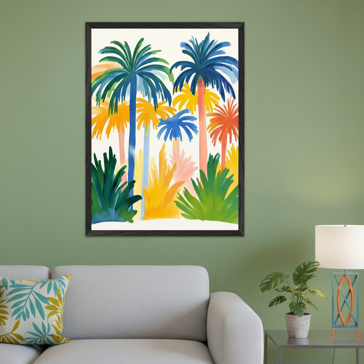 Modern living room with a light gray sofa. A large framed painting of colorful palm trees and tropical plants in a painterly style hangs above the sofa on a green wall. A side table with a lamp is visible right.