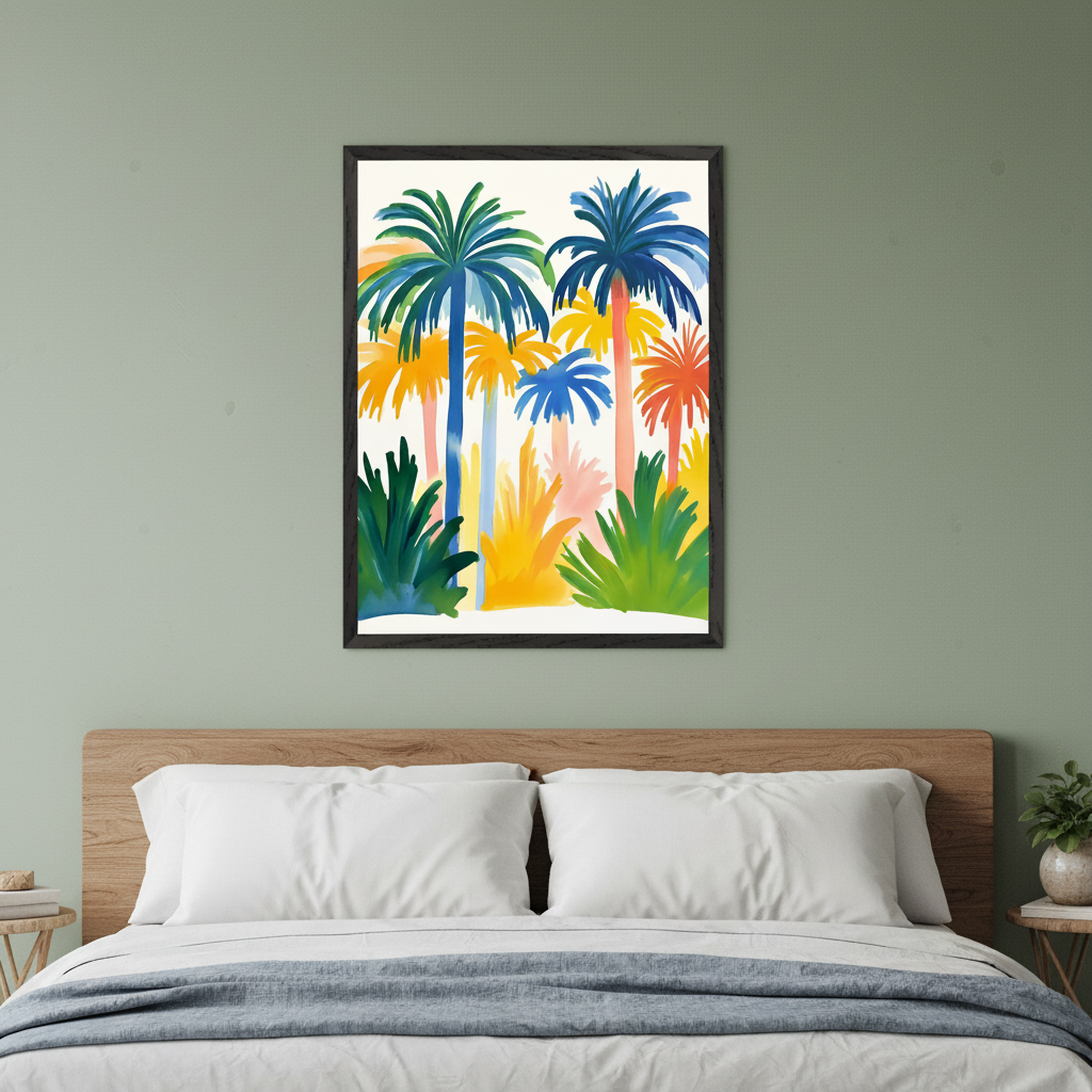 Bedroom with a wooden headboard bed, white pillows, and a blue throw. A framed, colorful, abstract painting of palm trees and tropical foliage hangs centered above the bed on a green wall.