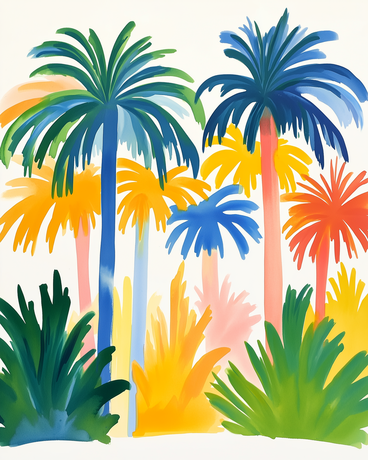A lively watercolor-style illustration of palm trees in vibrant blues, yellows, oranges, and greens. The playful use of color and loose strokes create a cheerful tropical jungle scene.
