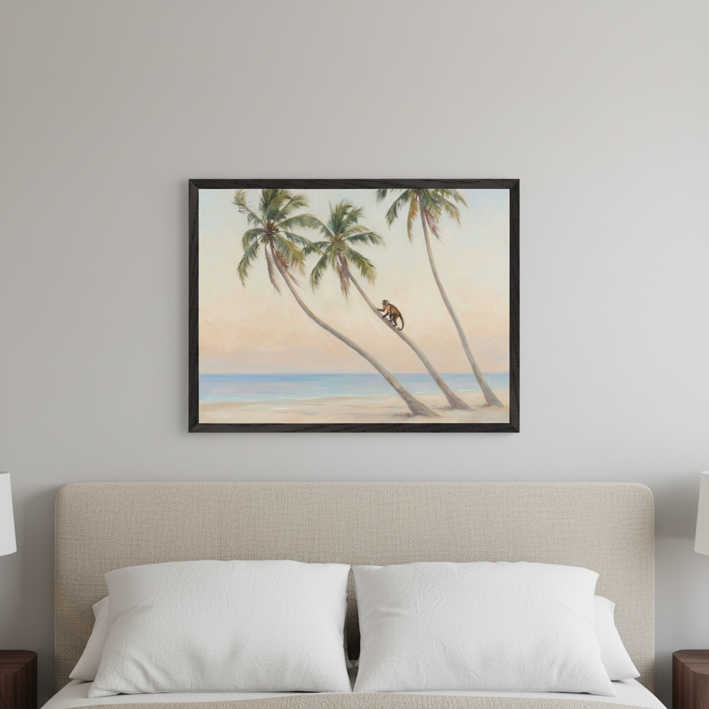 Bedroom with a beige upholstered bed and white pillows. A framed painting of a tropical beach scene with three palm trees and a monkey climbing one hangs centered above the bed.