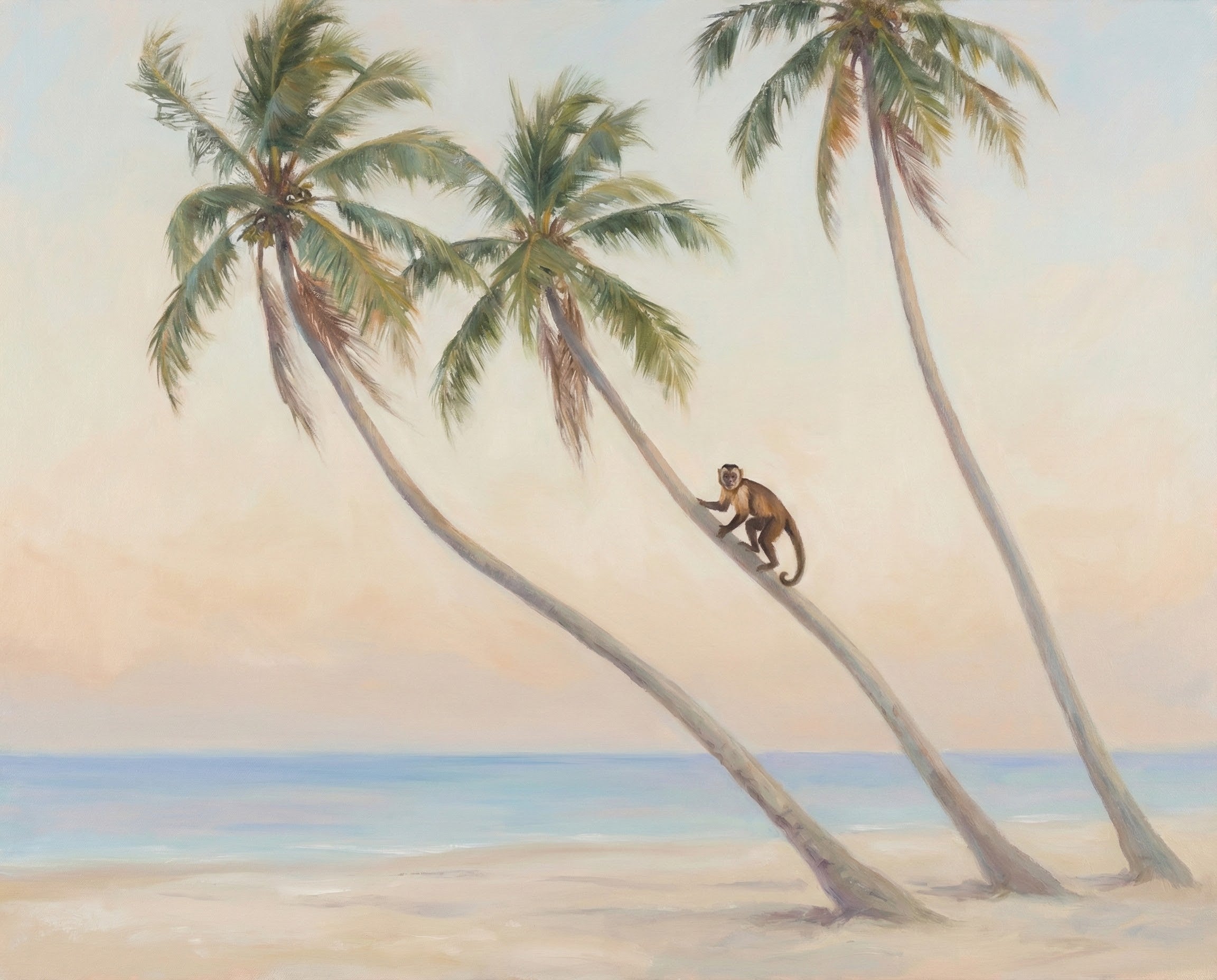 A calm tropical painting of a curious monkey climbing a leaning palm tree with a soft pastel beach and ocean in the background creating peaceful animal-themed beach decor.
