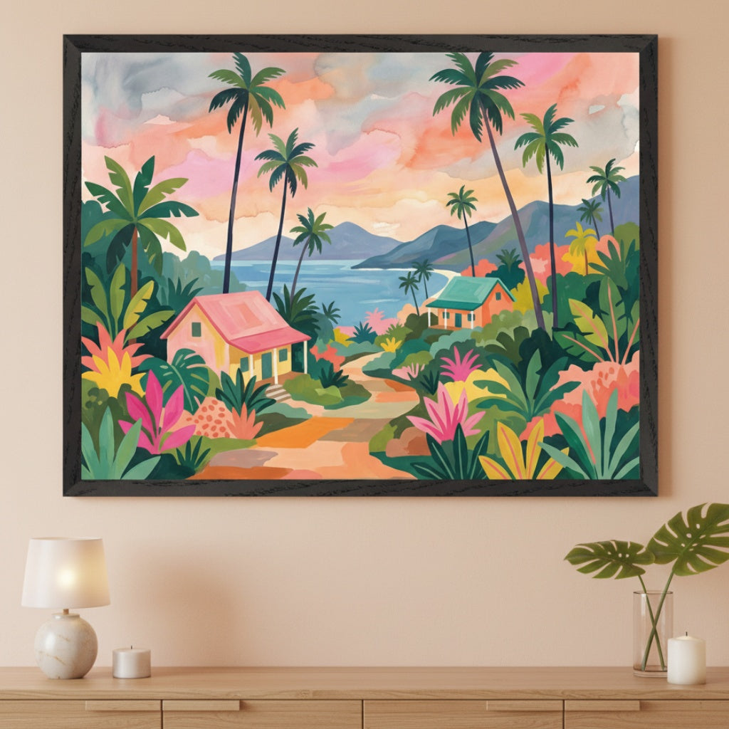 Modern living room with a light wood dresser. A large framed, vibrant tropical landscape painting hangs centered above the dresser, featuring houses, palm trees, and a bay with colorful foliage in a stylized art style.