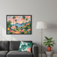 Modern living room with a dark gray sofa and brass floor lamp. A vibrant, framed tropical landscape painting, featuring palm trees, houses, colorful plants, and a pink-orange sky, hangs above the sofa. A potted plant is on a gray side table.