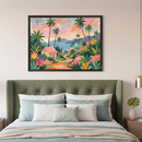 Bedroom with a green upholstered bed. Above it, a framed artwork features a colorful, stylized tropical landscape with palm trees, vibrant flowers, two houses, and an ocean under a pink and orange sky.