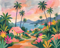 A bright and playful illustration of small houses surrounded by tall palm trees and vibrant plants with ocean and mountains in the background capturing cheerful island life in tropical wall decor.

