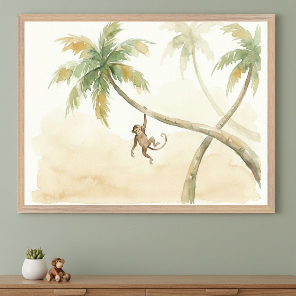 Modern room with a green wall and a wooden dresser. A framed watercolor painting of palm trees and a monkey swinging from a branch hangs above the dresser. A small potted succulent and a wooden monkey toy sit on the dresser.