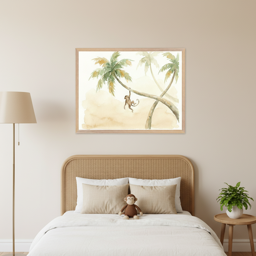 Cozy bedroom with a bed and rattan headboard. A framed watercolor print of palm trees and a monkey hanging from a branch is centered above the bed. A floor lamp stands left, and a wooden side table with a plant is right. A plush monkey toy is on the bed.