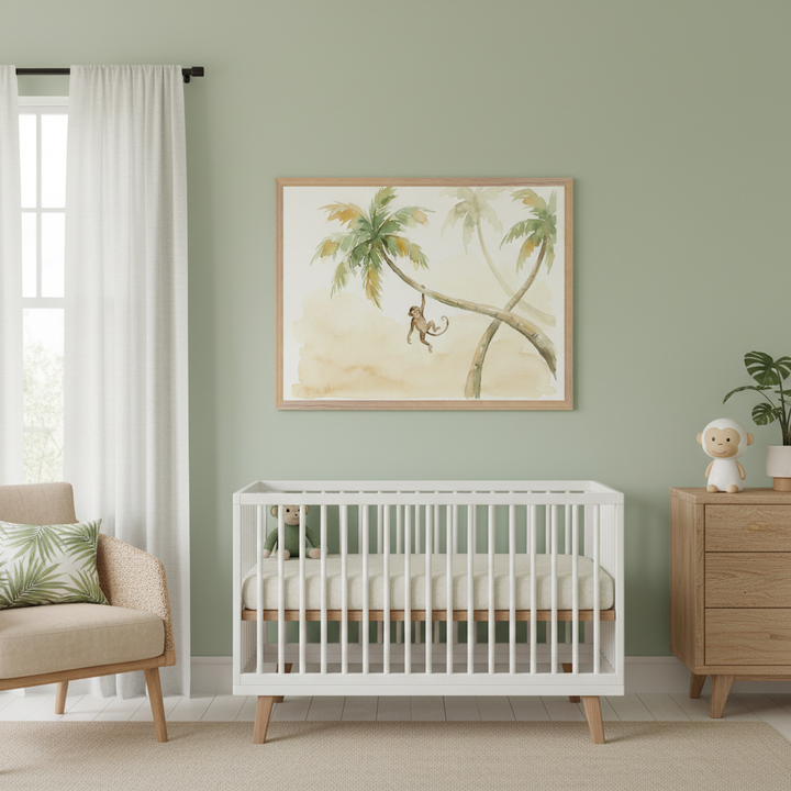 Modern nursery with a white crib and light wooden dresser. A large framed watercolor print of palm trees and a monkey hanging from a branch is centered above the crib. An armchair with a palm leaf pillow is to the left.